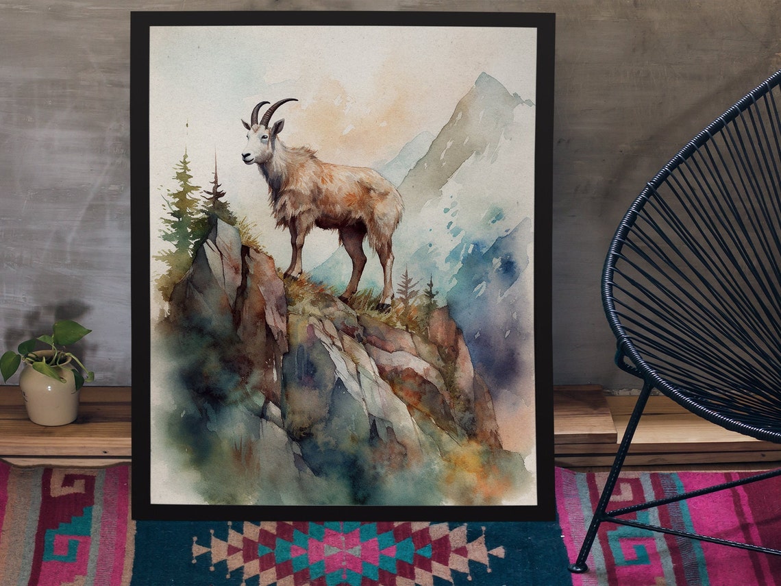 Mountain Goat on Rocky Cliff Watercolor Alpine Wildlife Poster - Image 2
