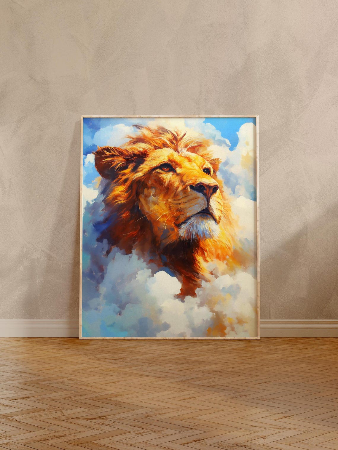 Noble Lion Emerging from Soft Clouds in a Bright Blue Sky Poster - Image 2