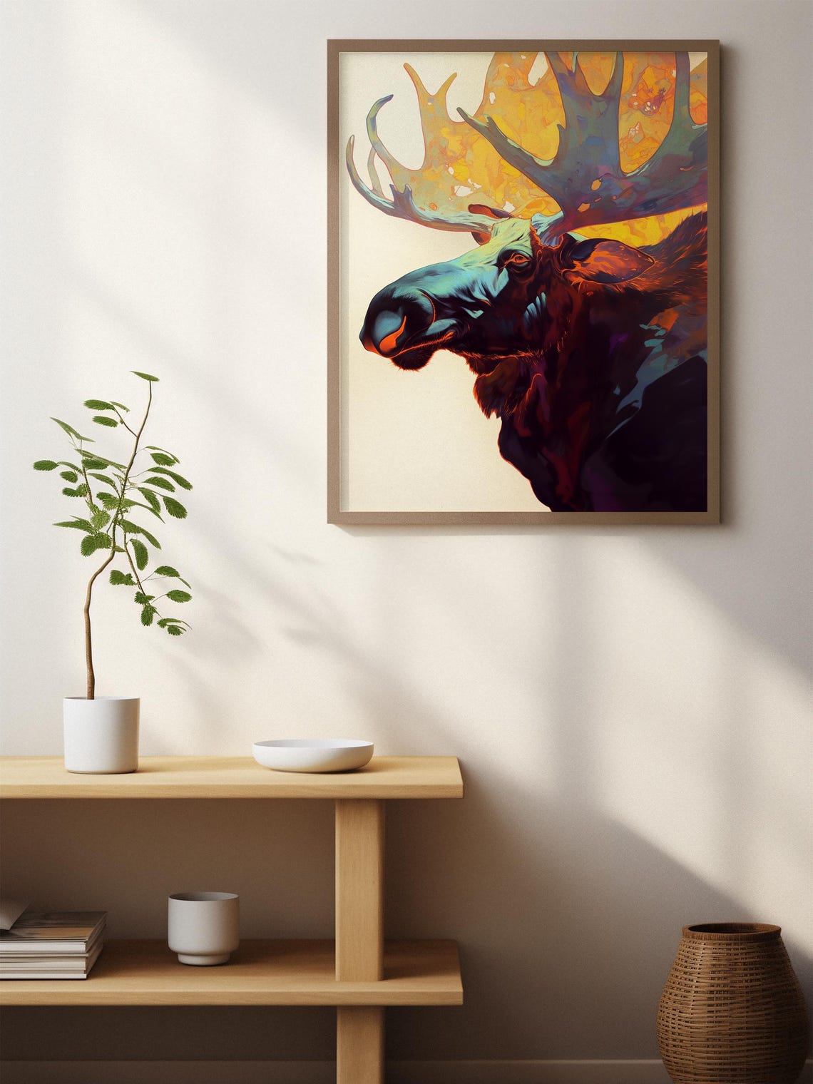 Moose Profile With Glowing Antlers in Dark Amber Forest Colors Poster - Image 2