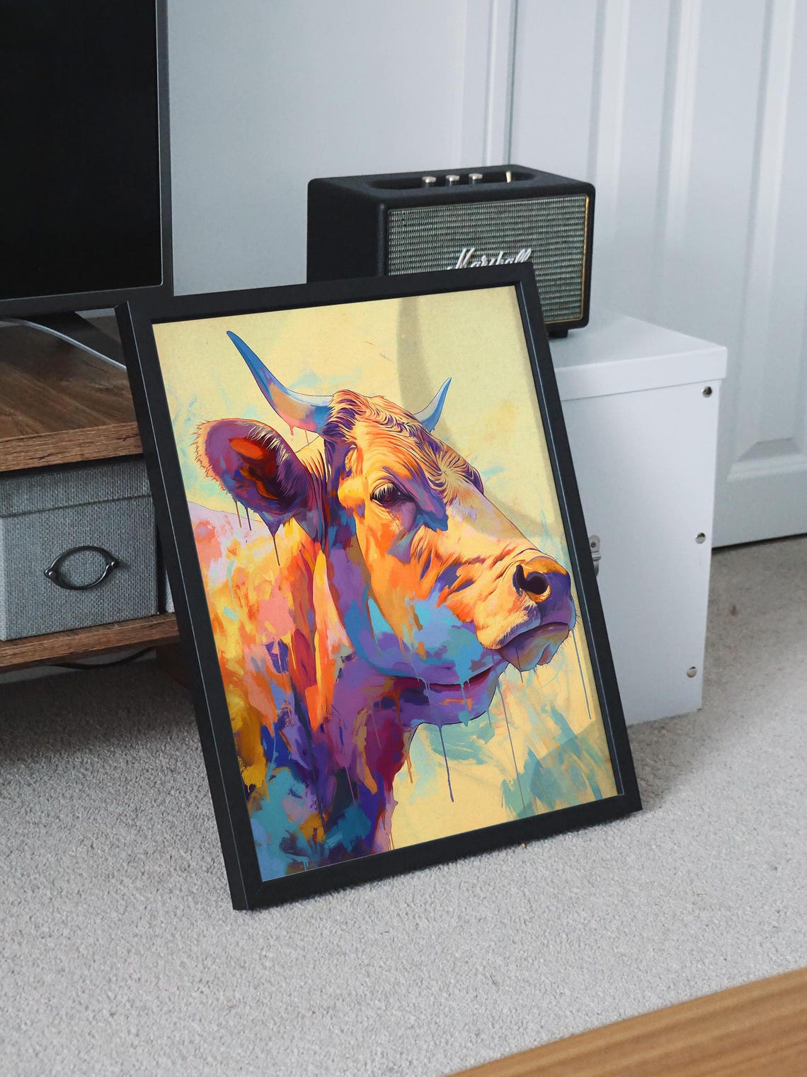 Golden Bull Profile in Orange and Blue with Paint Drips Poster - Image 8