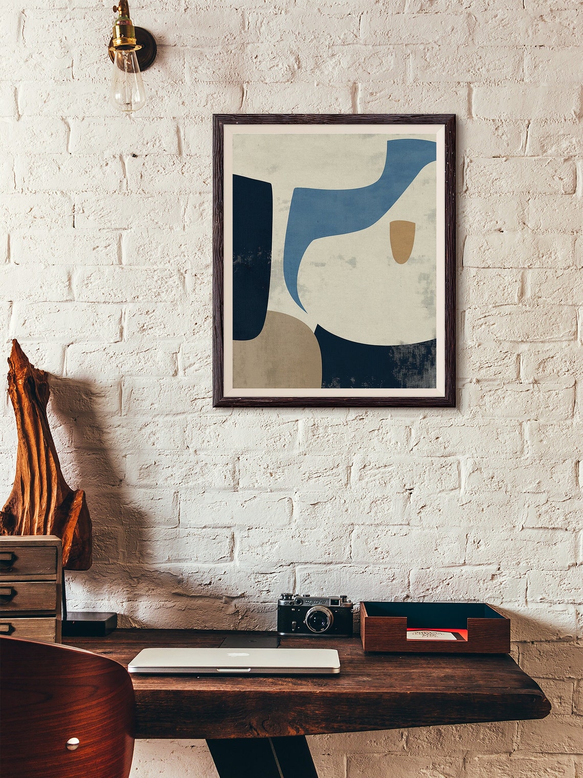 Blue Cream and Navy Organic Shapes Mid Century Modern Art Poster - Image 2