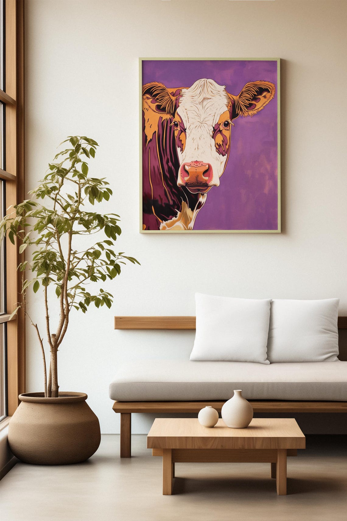 Pop Art Cow Portrait with Bold Orange on Purple Background Poster - Image 2
