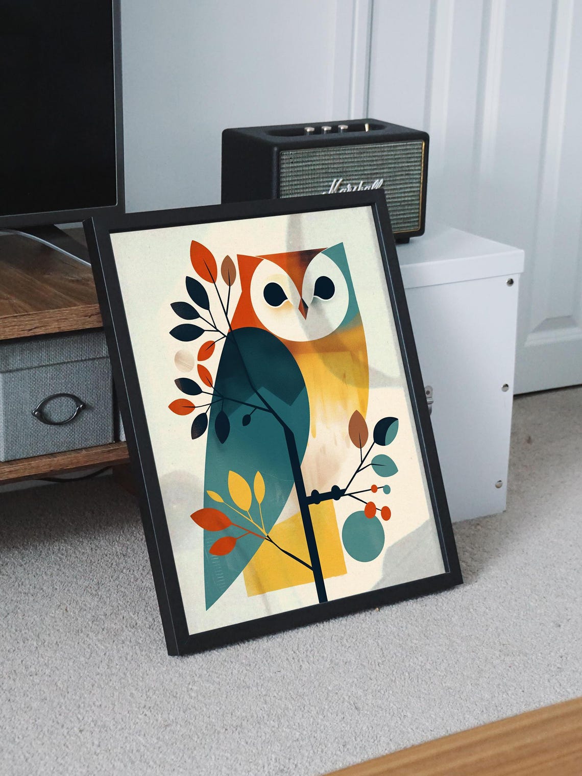 Geometric Mid-Century Owl on a Branch with Autumn Leaves Poster - Image 8