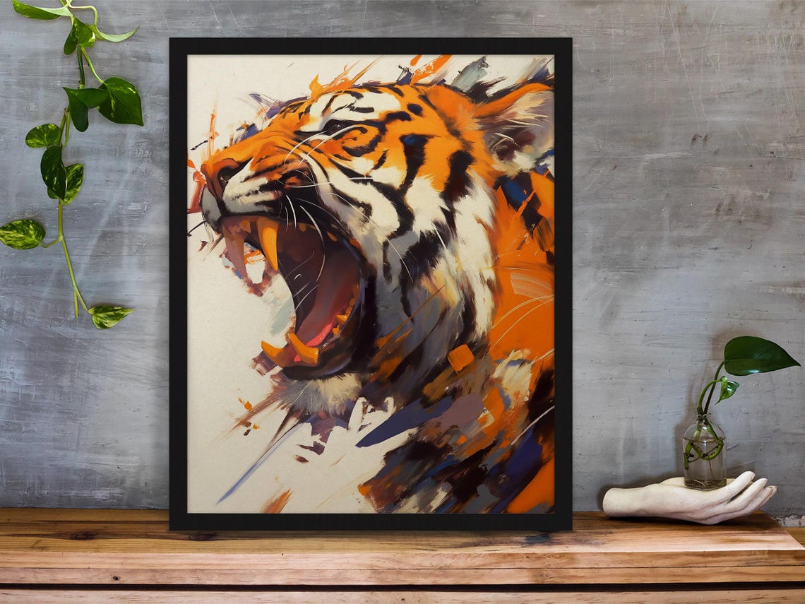 Roaring Tiger Side Profile With Fiery Orange Paint Splashes Art Poster - Image 4