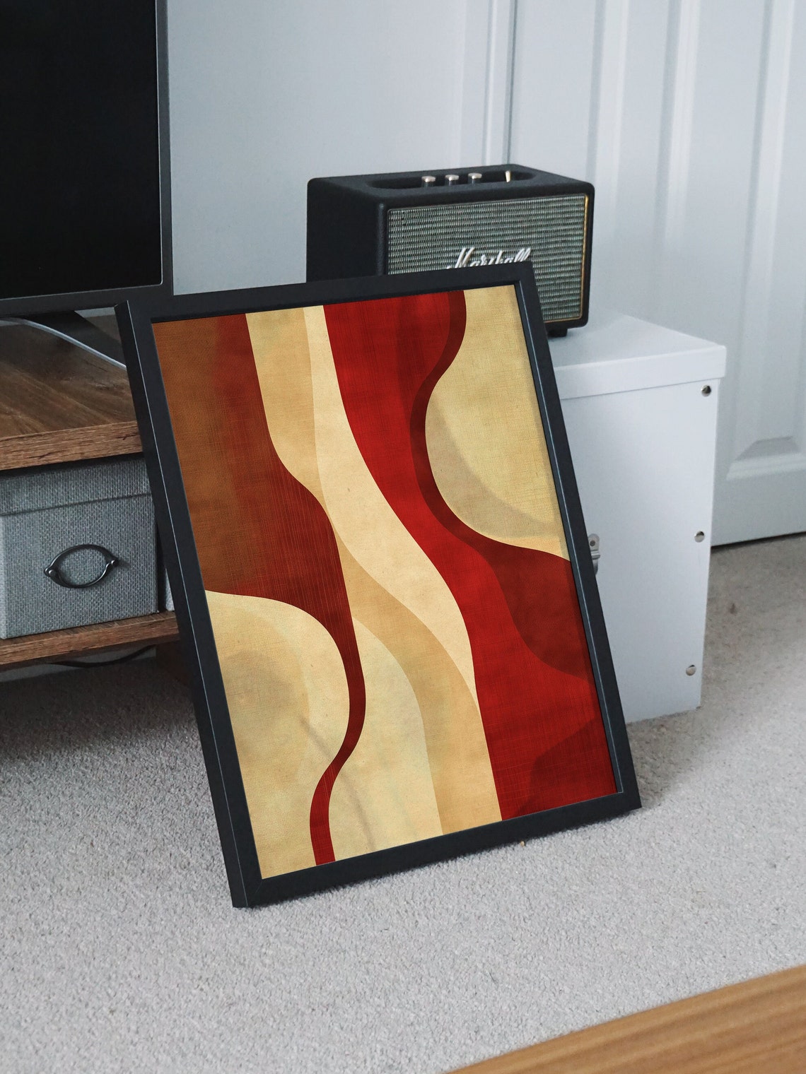 Deep Red and Cream Vertical Waves Mid Century Abstract Poster - Image 5