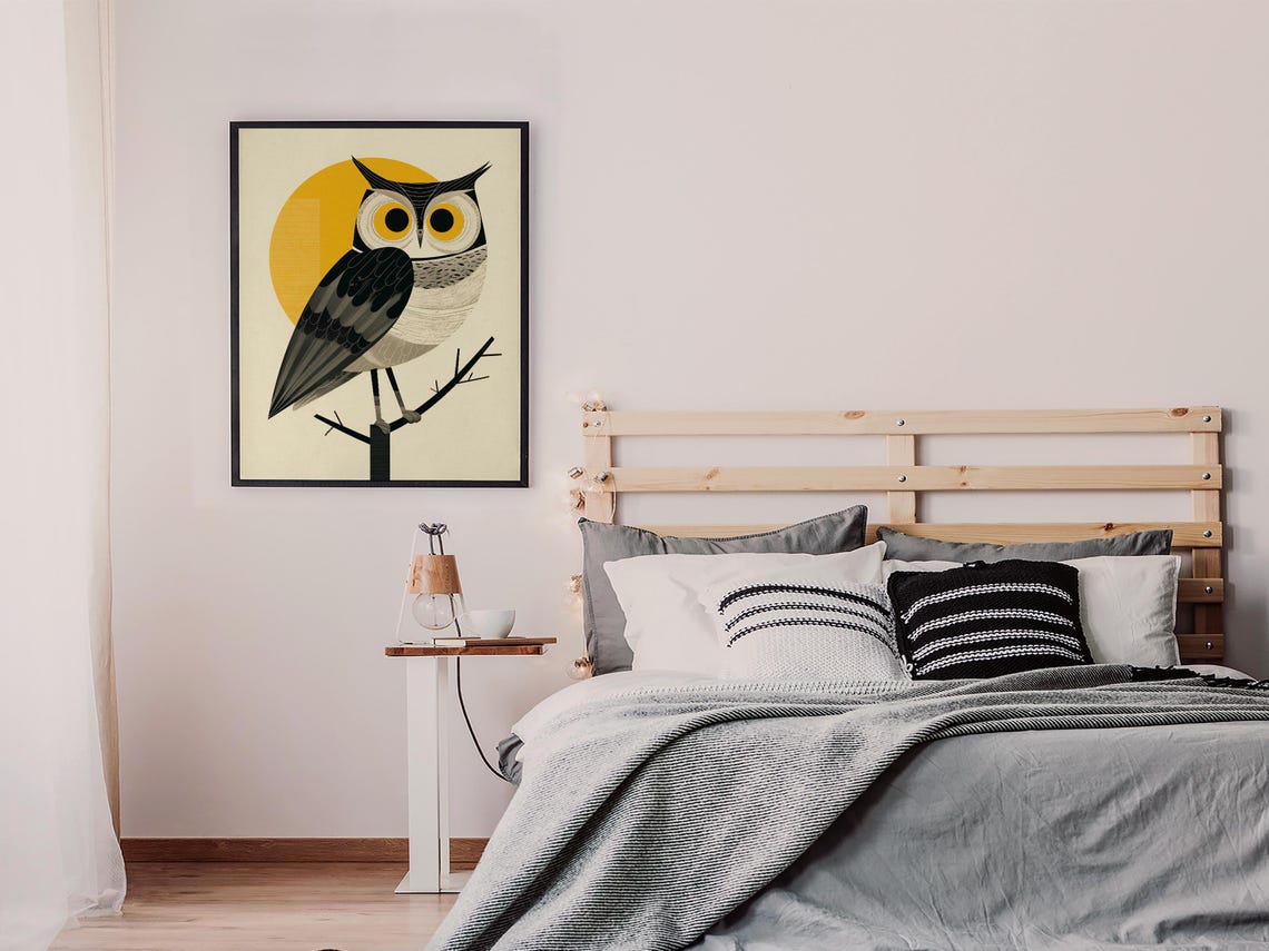 Retro Geometric Owl Perched on a Branch Under a Golden Sun Poster - Image 6