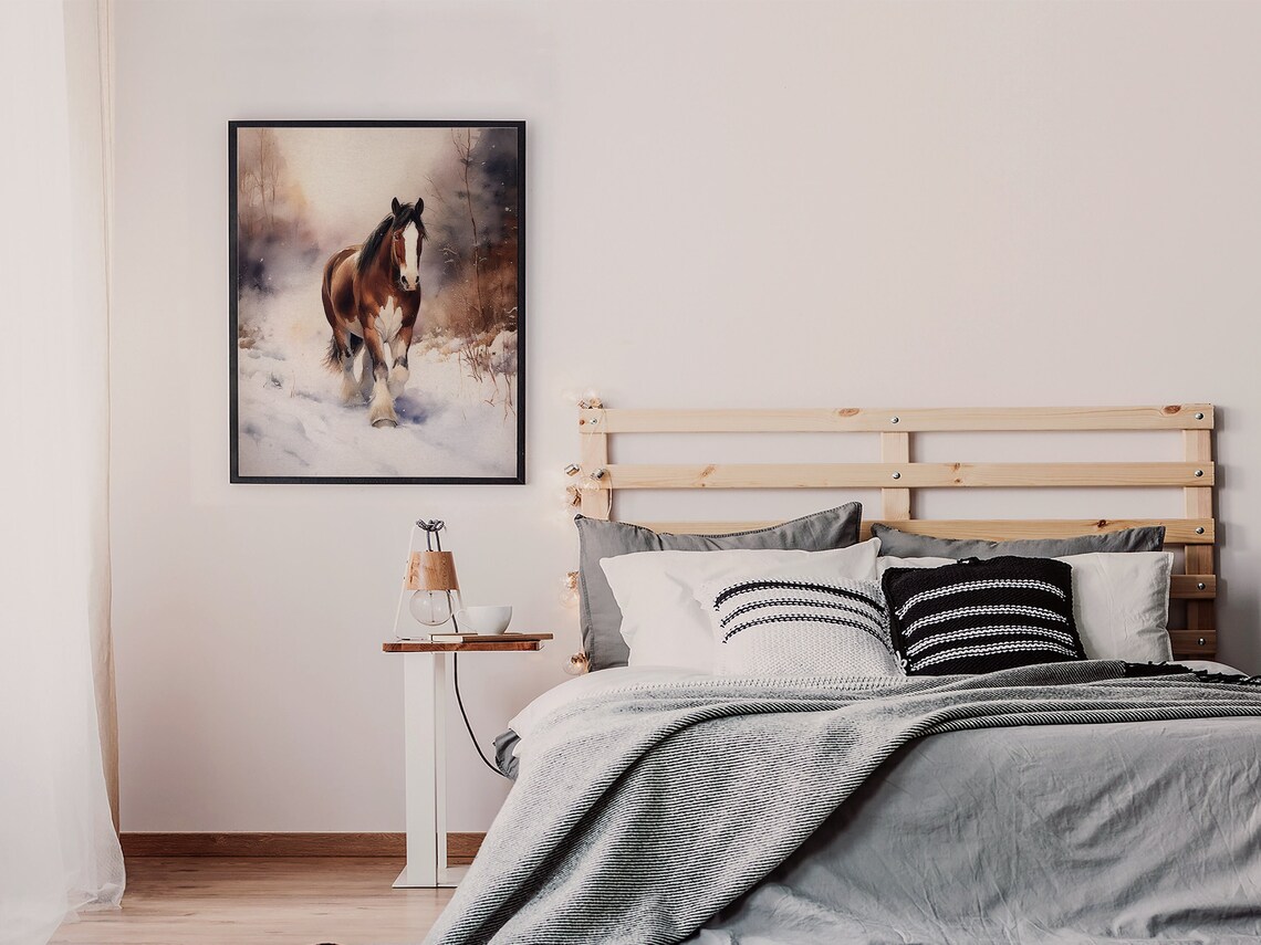 Clydesdale Horse in Snow Watercolor Winter Farm Animal Poster - Image 3