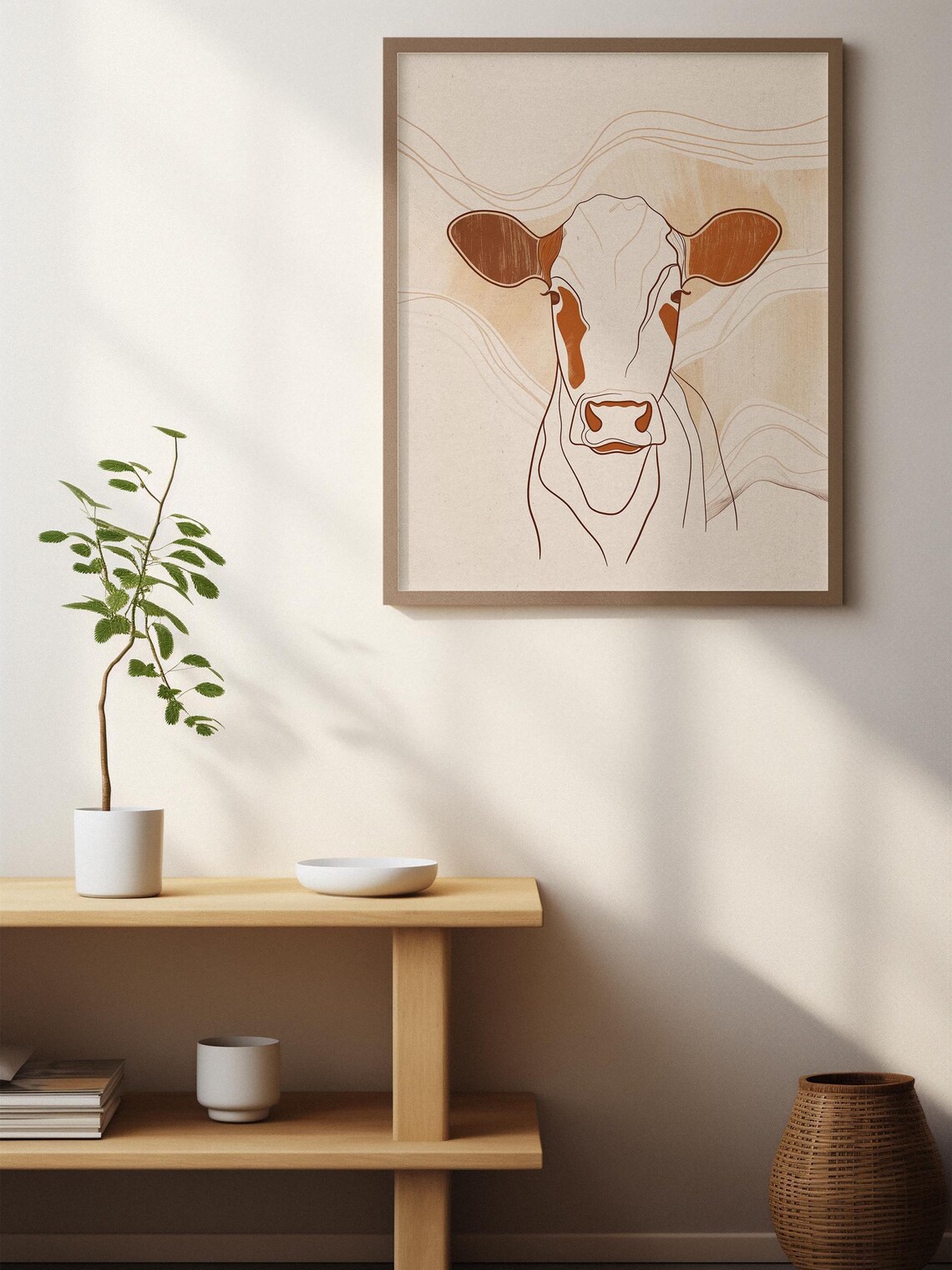 Terracotta Line Drawing of a Cow on a Warm Beige Canvas Poster - Image 7