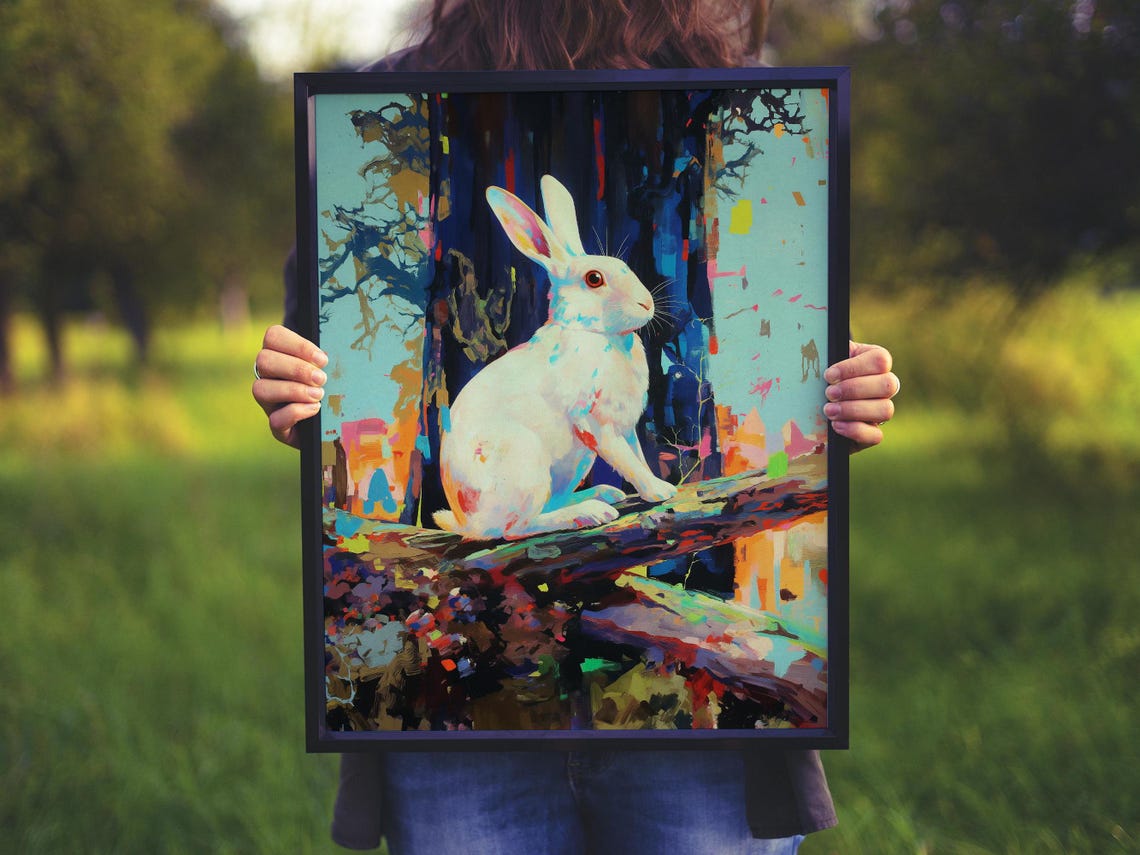 White Rabbit Sitting on a Branch With Colorful Abstract Forest Poster - Image 8