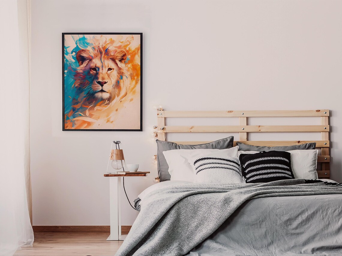 Colorful Lion Portrait With Turquoise and Orange Abstract Brushstrokes Poster - Image 7