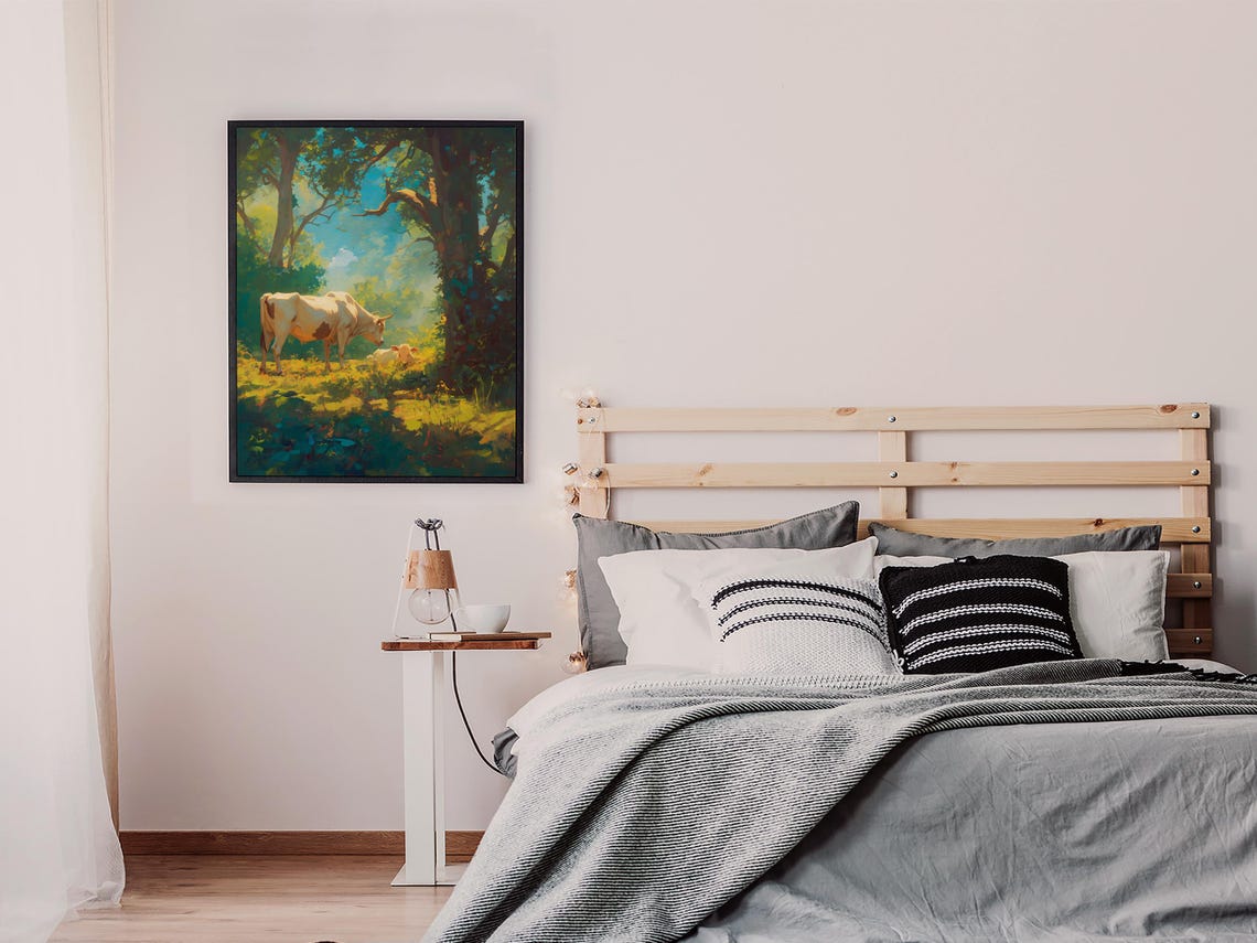 White Cow and Calf in a Sunlit Forest Meadow Impressionist Art Poster - Image 5