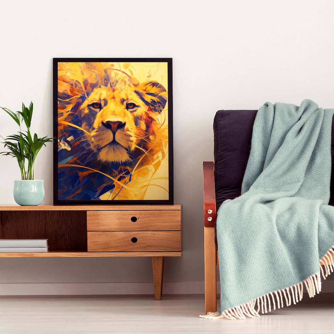Golden Lion Face in Explosive Blue and Yellow Brushstrokes Poster - Image 5