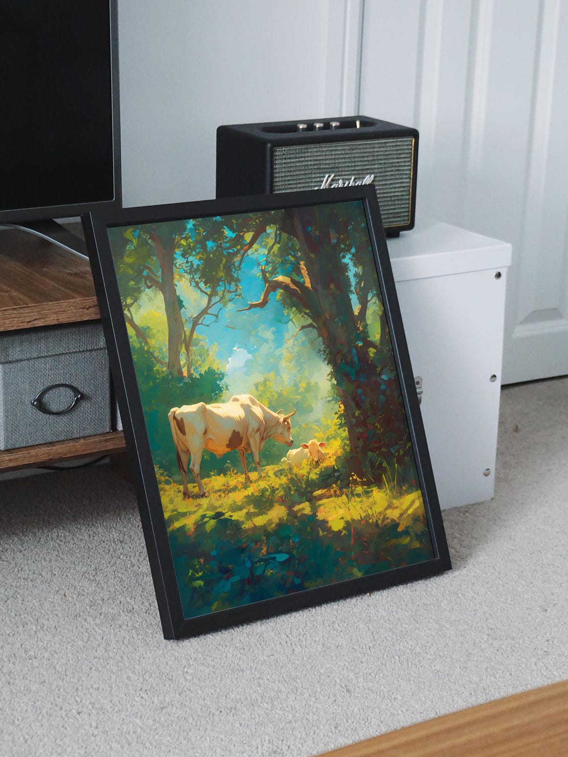 White Cow and Calf Resting in a Sunlit Forest Clearing Poster - Image 7
