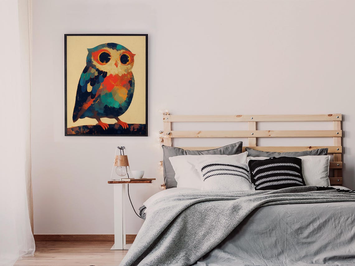 Cute Stylized Owl With Big Round Eyes in Teal and Orange Tones Poster - Image 7