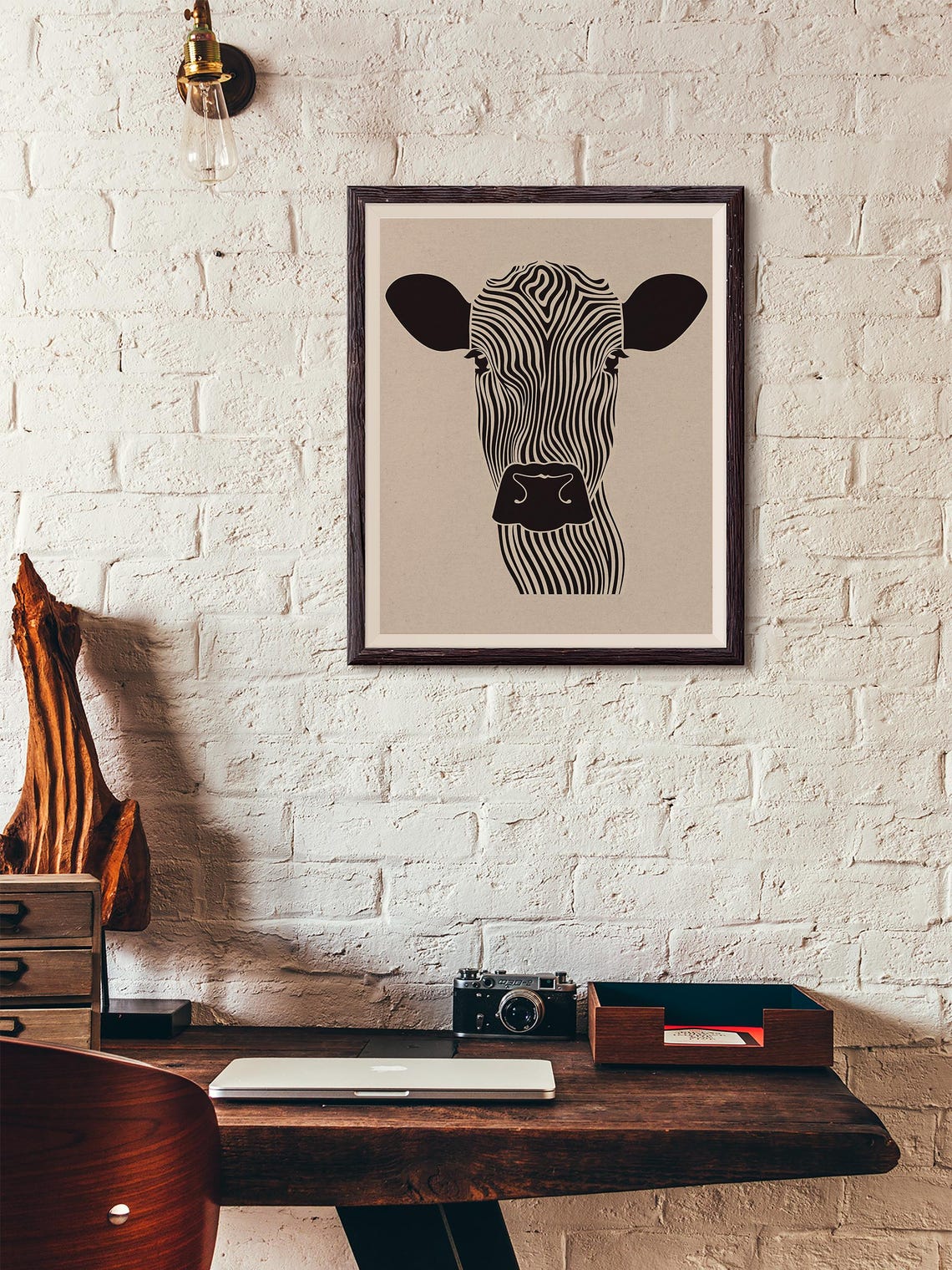 Bold Graphic Black and White Zebra-Striped Cow Head Line Art Poster - Image 4