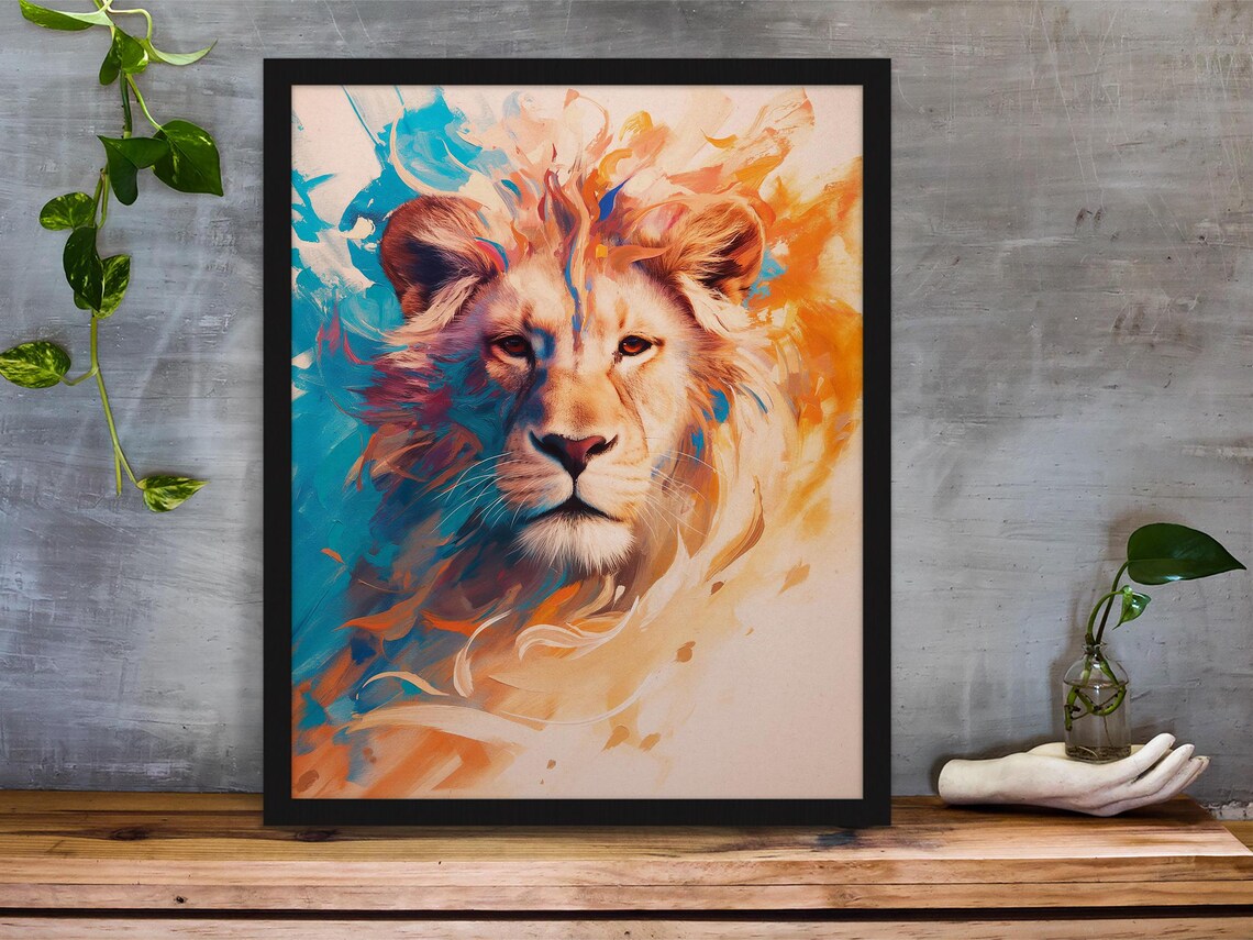Colorful Lion Portrait With Turquoise and Orange Abstract Brushstrokes Poster - Image 2