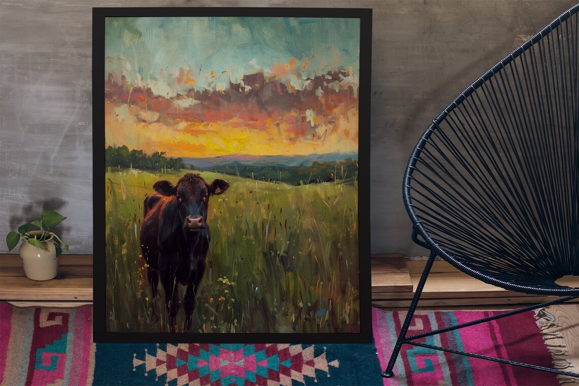 Black Cow in a Green Pasture Under a Beautiful Glowing Sunset Poster - Image 4