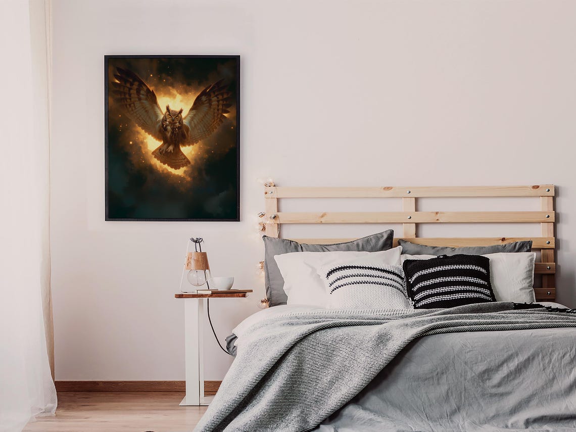 Majestic Great Horned Owl Soaring Through a Fiery Night Sky Poster - Image 6
