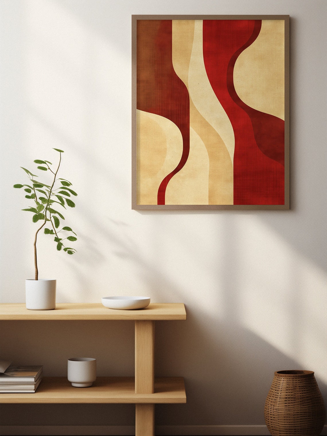 Deep Red and Cream Vertical Waves Mid Century Abstract Poster - Image 8