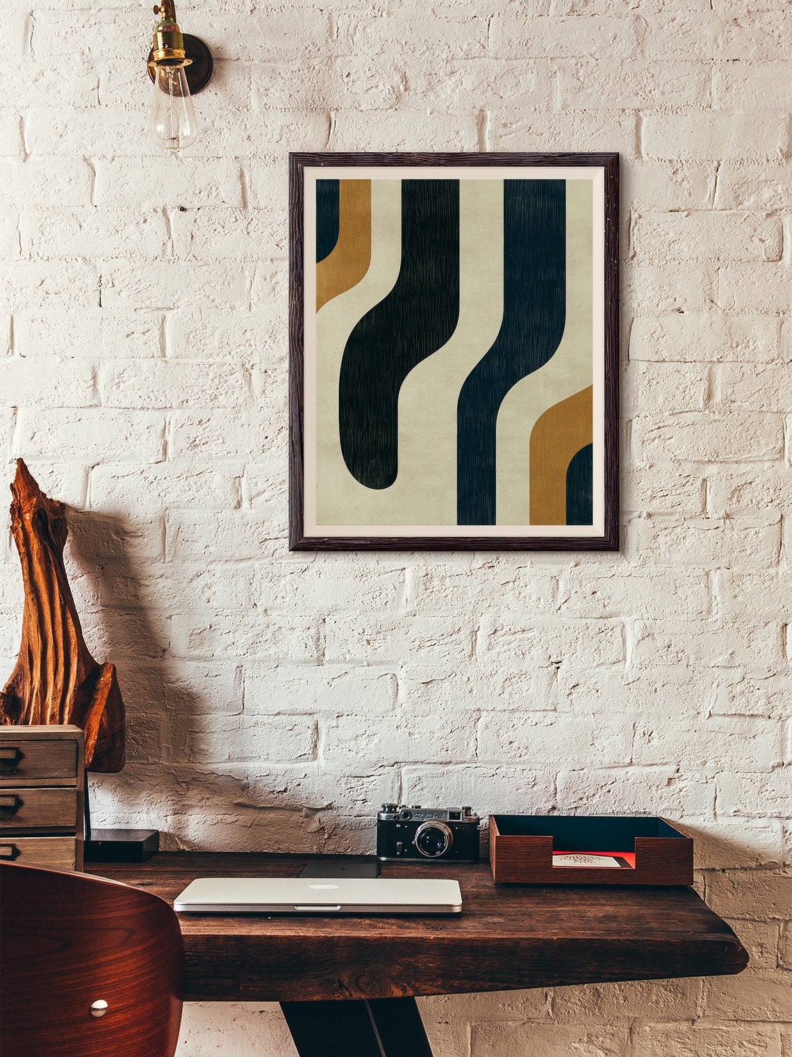 Vertical Wavy Stripes Navy Cream Ochre Retro Abstract Poster - Image 3