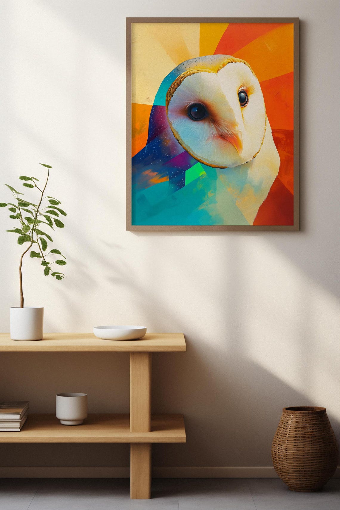 Barn Owl Face Close-Up With Orange and Teal Sunburst Colors Art Poster - Image 7