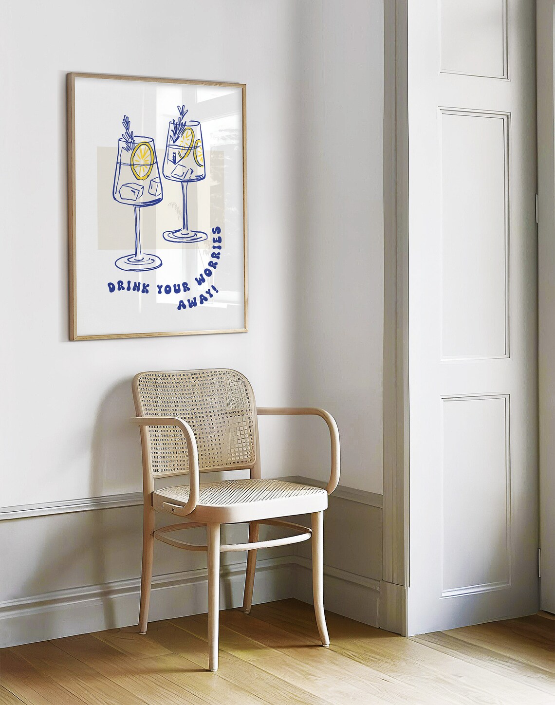 Drink Your Worries Away Cocktail Glasses Blue Bar Cart Quote Poster - Image 2