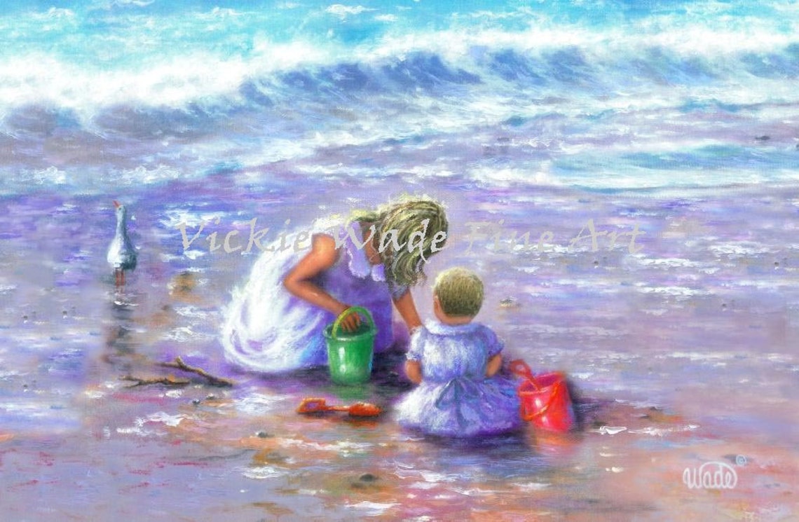 Two Little Sisters Digging in Wet Sand with Buckets at Beach Poster