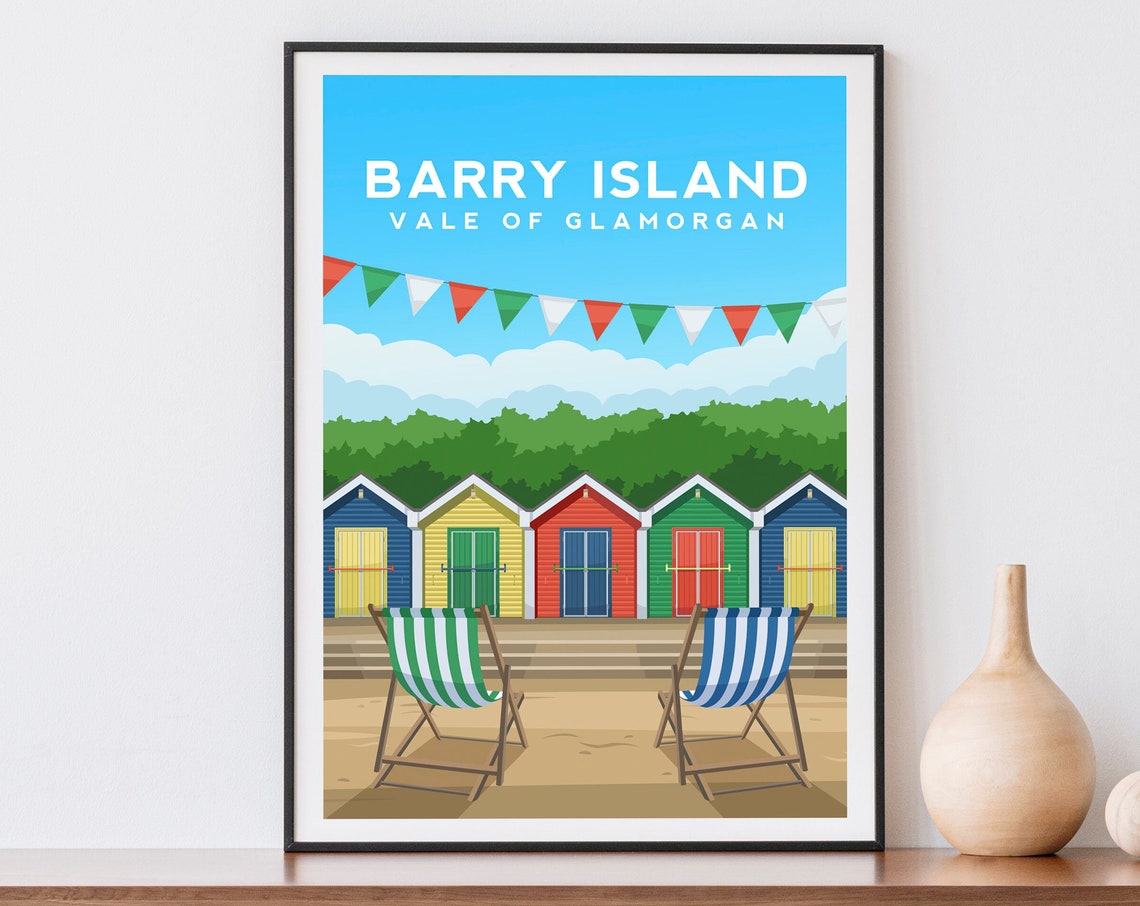 Barry Island Beach Huts and Deck Chairs Wales Seaside Poster