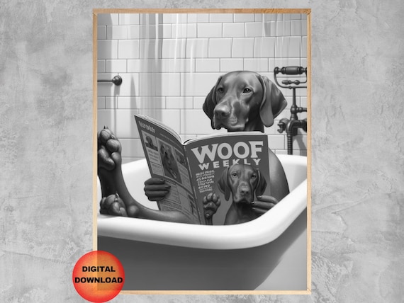 Vizsla Funny Dog Bathtub Wall Art Black And White Bathroom Poster Kids Animal Print Lover Gift Pet Portrait