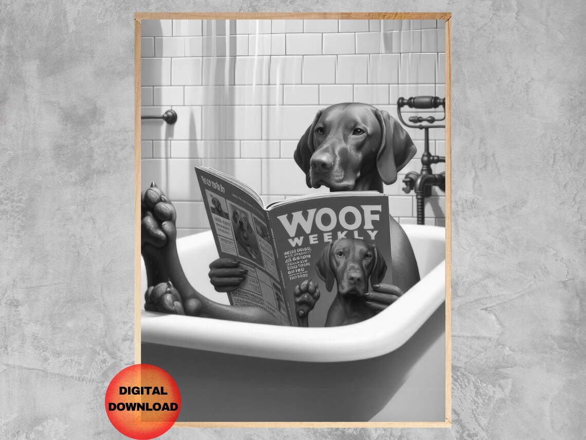 Funny Vizsla Dog Reading Newspaper In Bathtub Black White Art Poster
