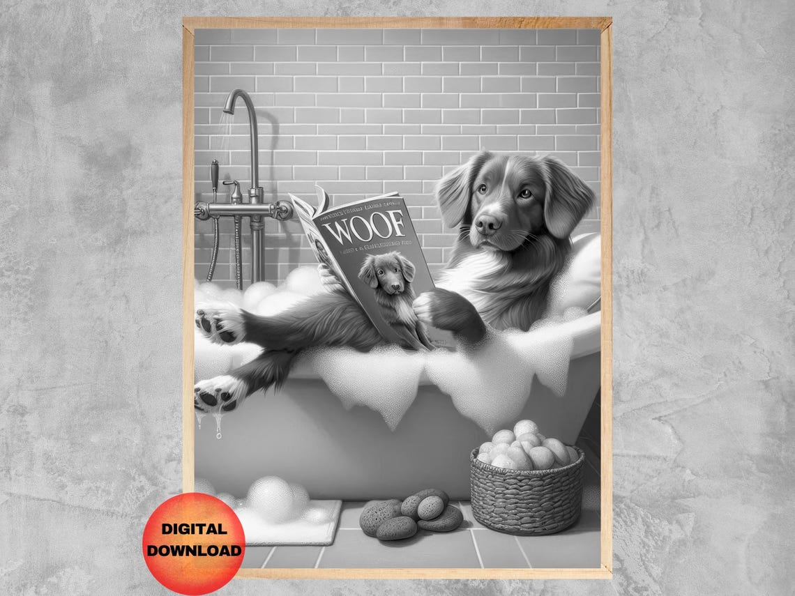 Nova Scotia Toller Reading Woof Magazine in Bubble Bath Funny Poster