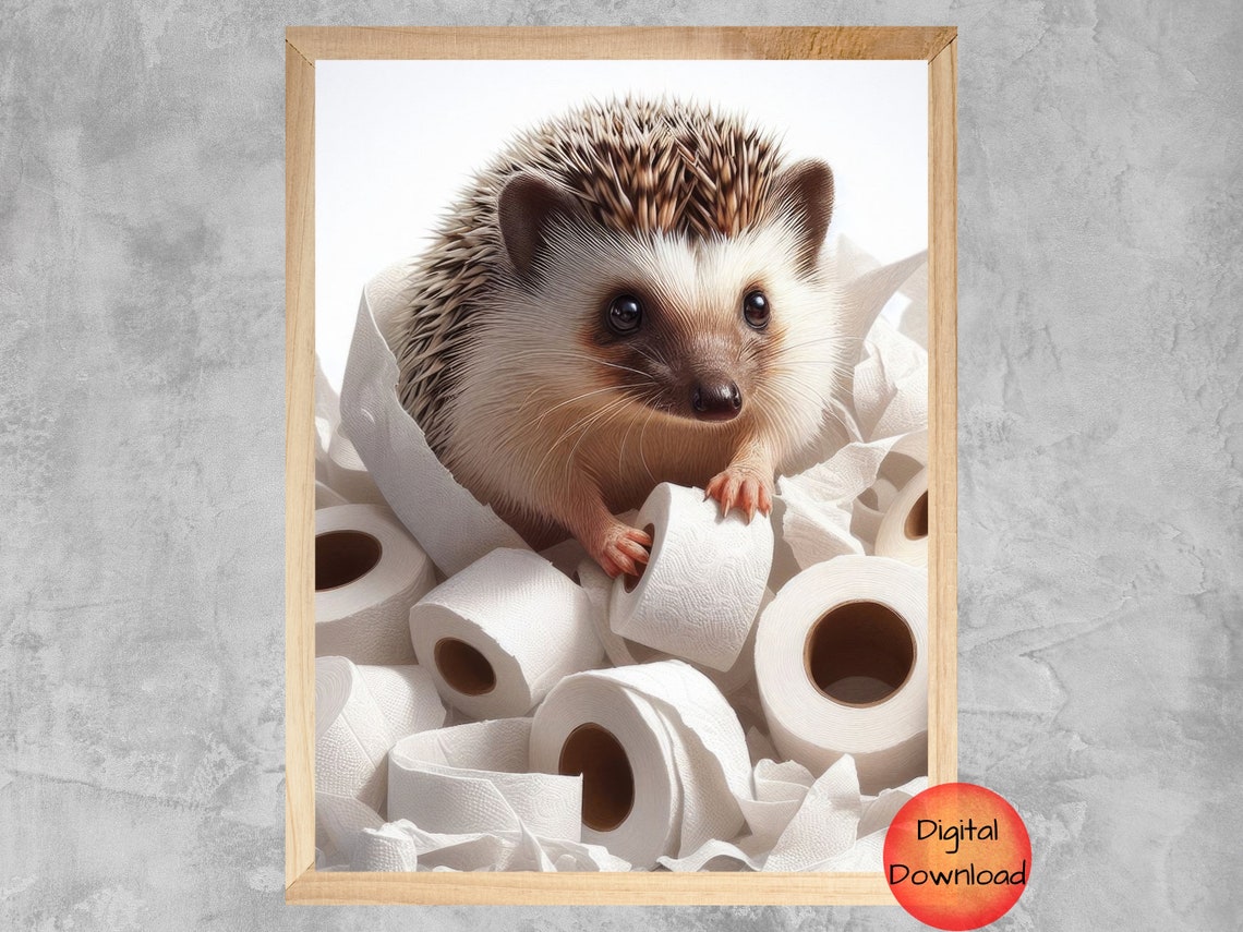 Cute Hedgehog Tangled In Toilet Paper Funny Bathroom Decor Poster
