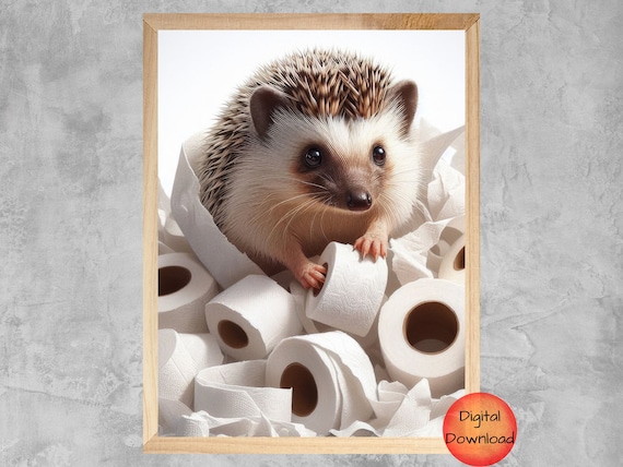 Cute Hedgehog Tangled In Toilet Paper Funny Bathroom Decor Poster