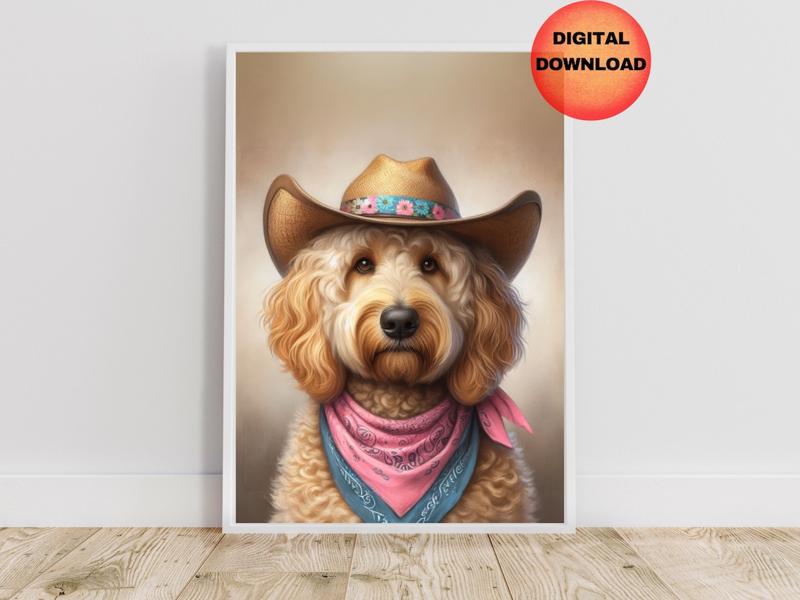 Goldendoodle Cowgirl Hat Dog Doodle, Western Art Print