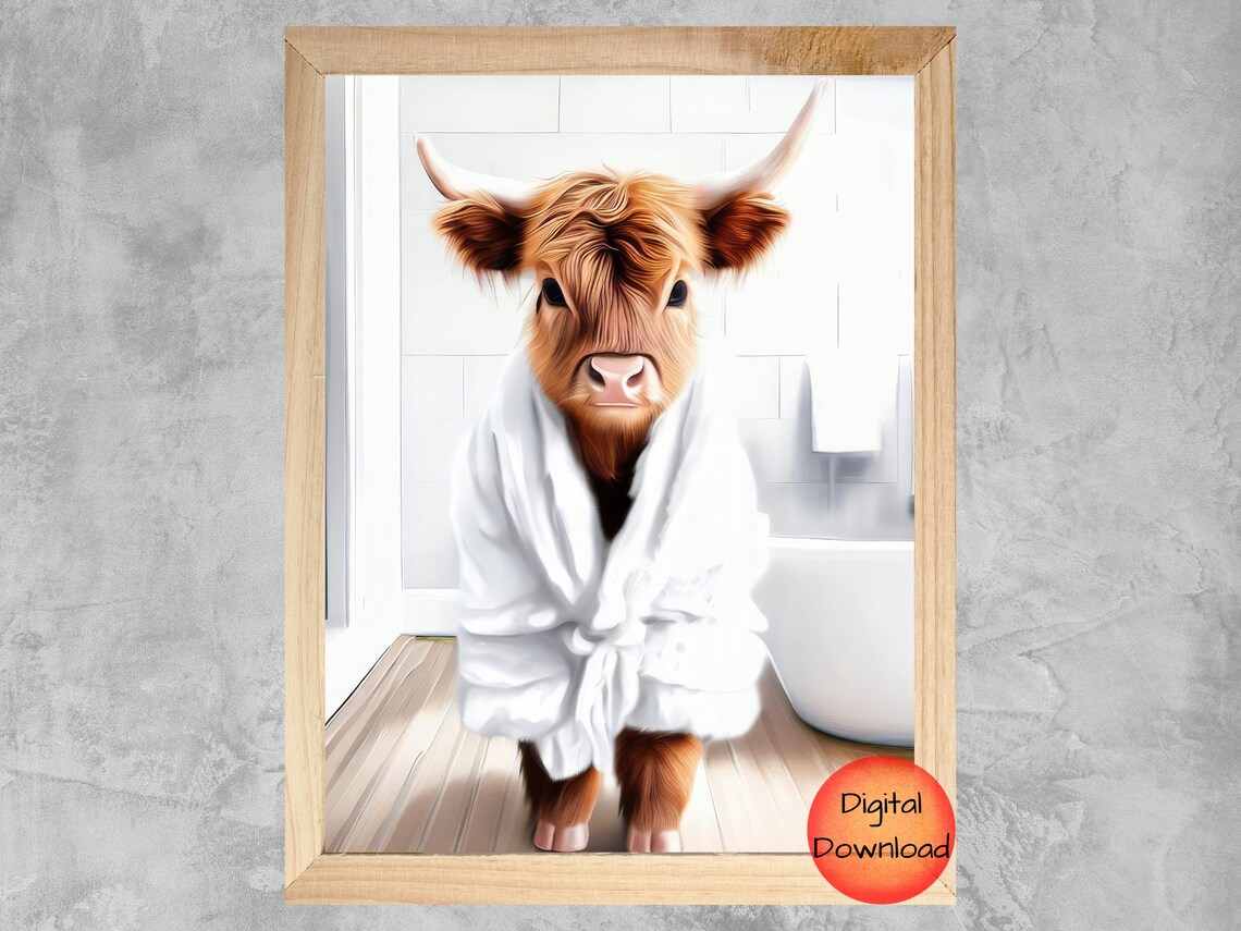 Highland Cow Bathroom Wall Art, Funny Quirky Animal Decor