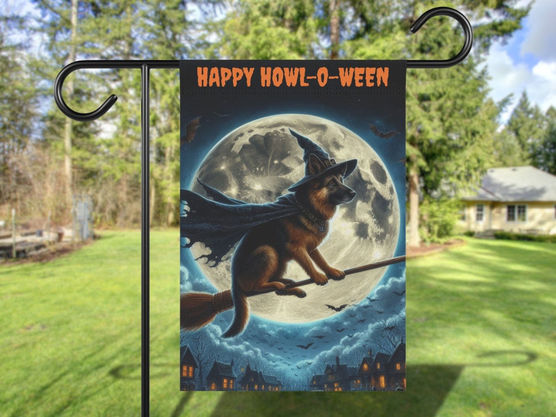 German Shepherd Witch Broomstick Full Moon Halloween Garden Poster