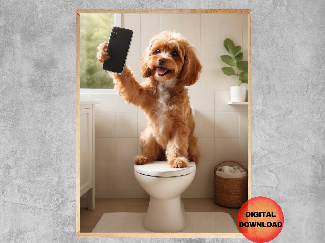 Funny Cavapoo Puppy Toilet Selfie Cute Bathroom Dog Wall Art
