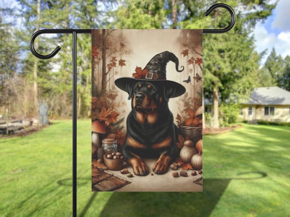Rottweiler Witch Hat Autumn Harvest Garden Flag Fall Decor Print