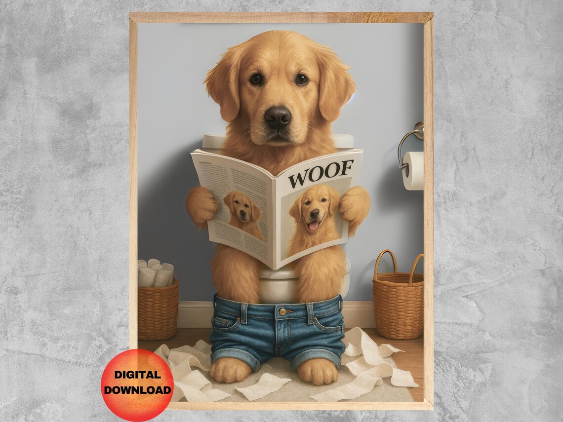 Golden Retriever Dog On Toilet Funny Bathroom Poster