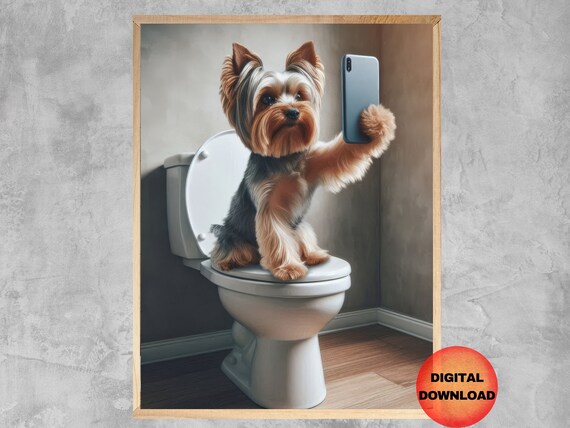 Yorkie Selfie Toilet Print Funny Dog Mobile Phone Poster Bathroom Wall Art Cell Pet Picture Yorkshire Terrier Gift
