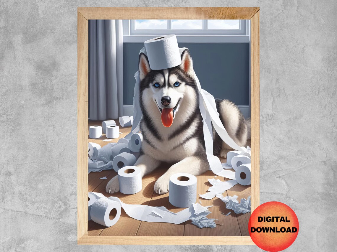 Siberian Husky Toilet Print, Funny Bathroom Poster