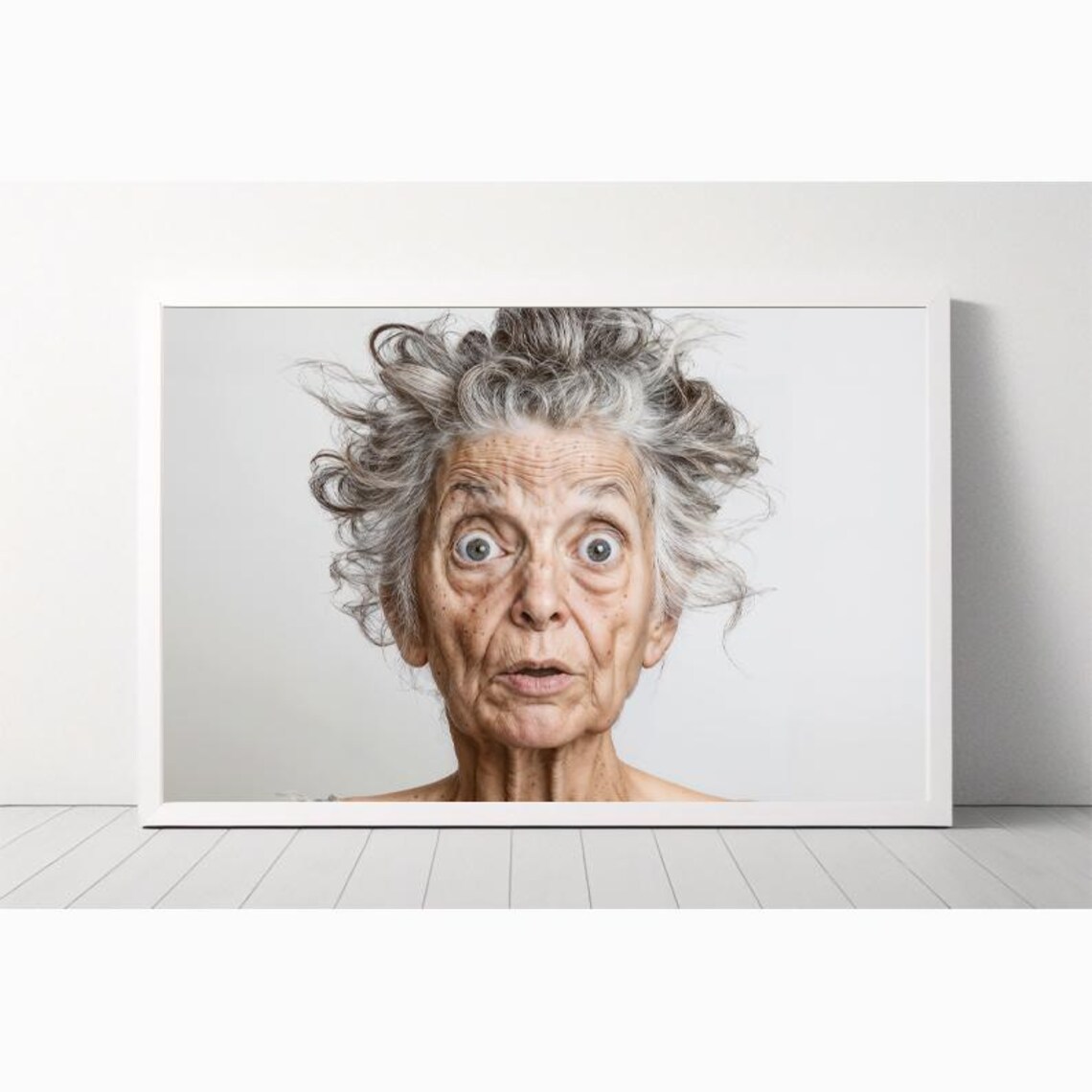 Surprised Elderly Woman Wild Grey Hair Funny Portrait Poster - Image 2