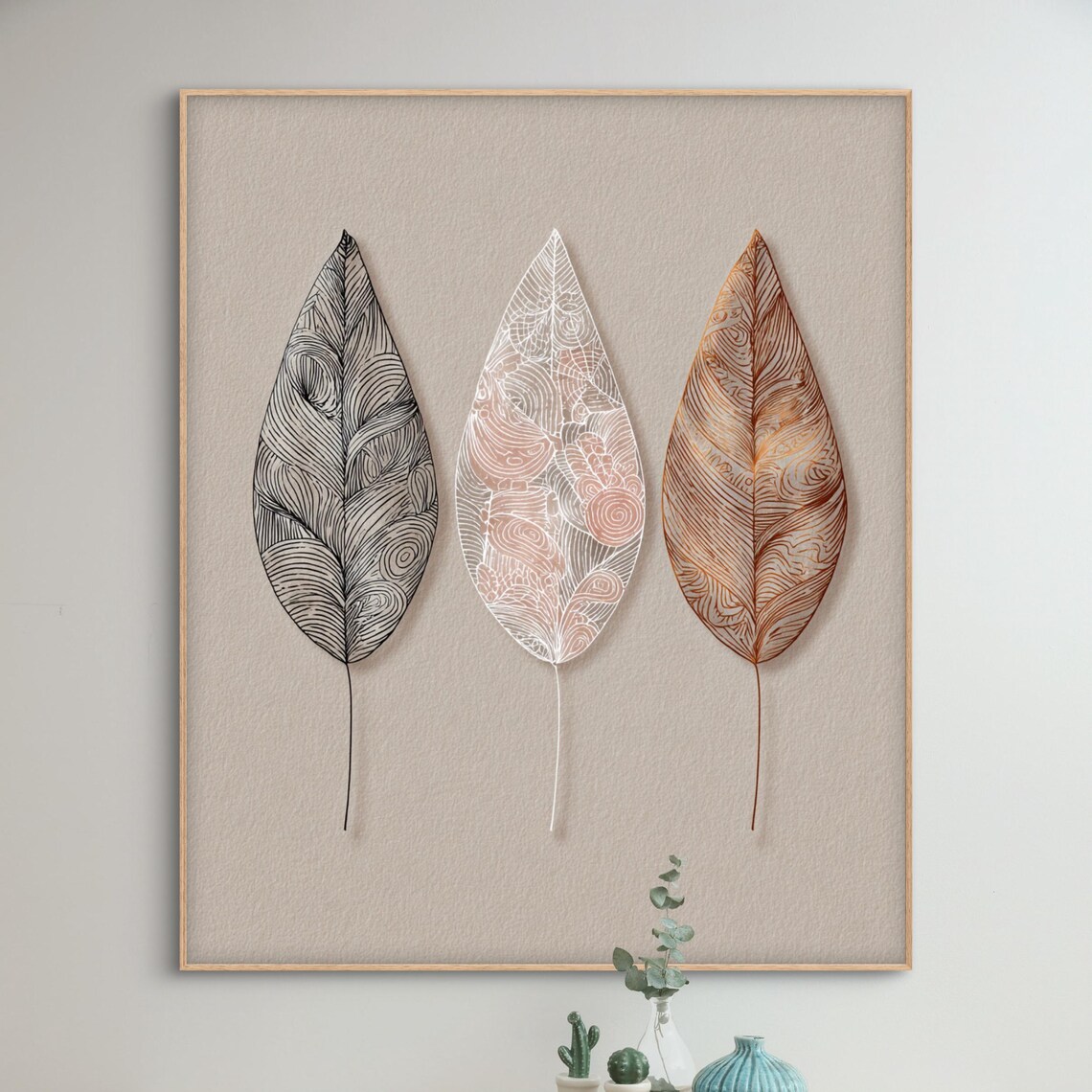 Trio Of Ornate Leaves In Black Blush And Copper Botanical Poster