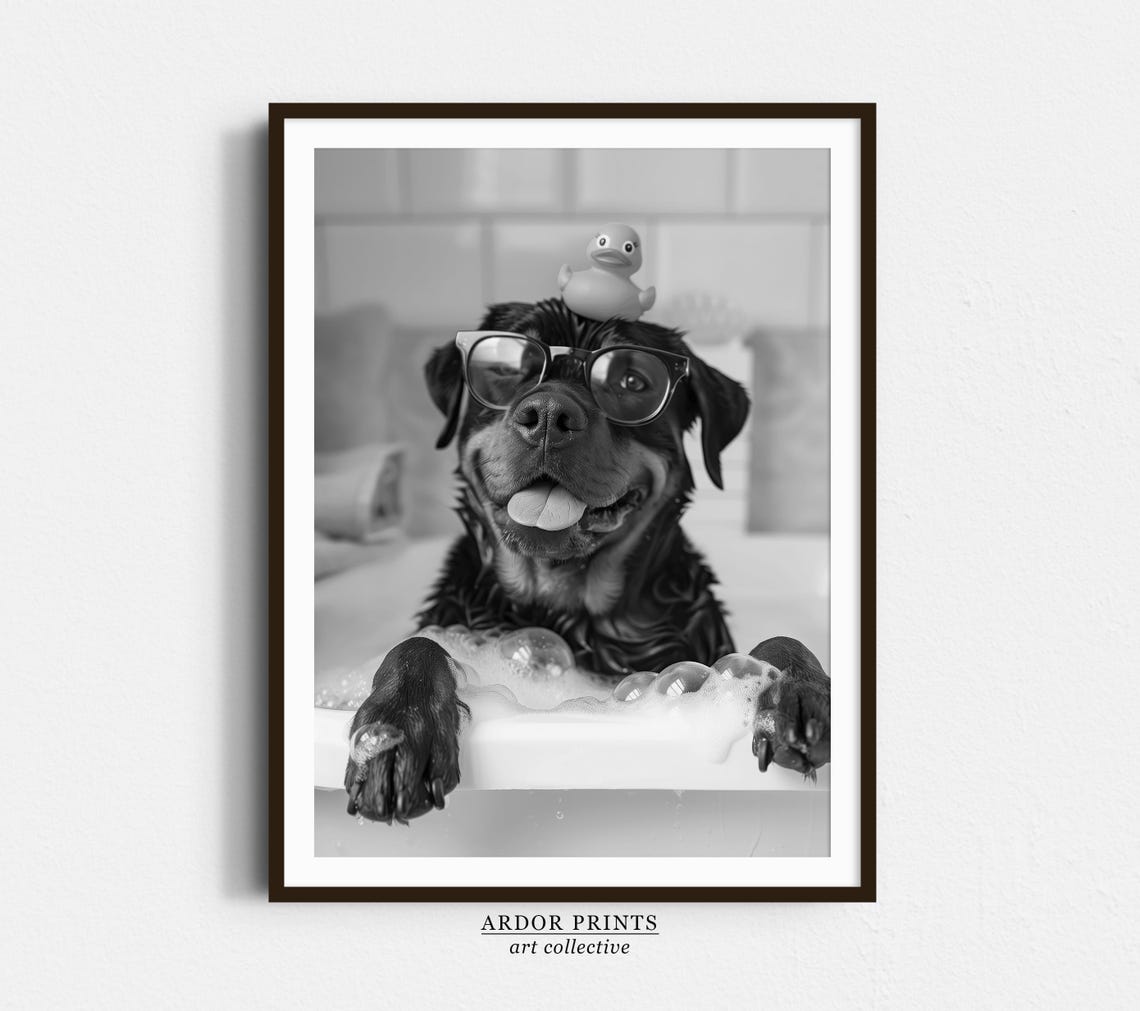Rottweiler In Bubble Bath With Rubber Duck Funny Bathroom Poster