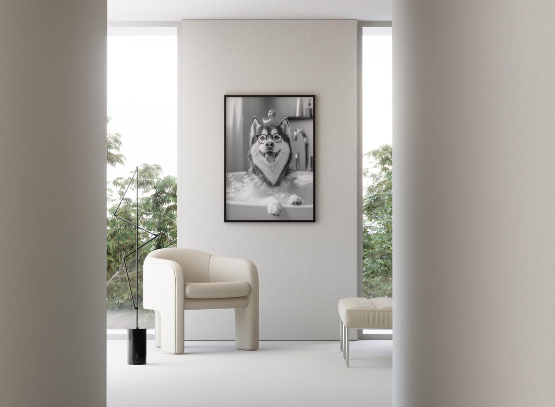 Alaskan Malamute in Bubble Bath With Rubber Duck on Head Funny Poster - Image 3