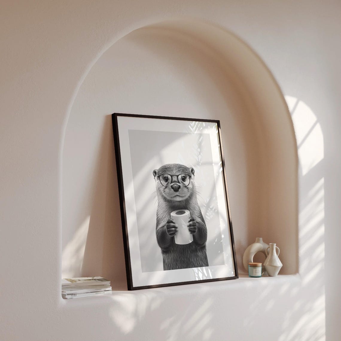 Funny Otter Wearing Glasses Holding Toilet Paper Black White Poster - Image 4
