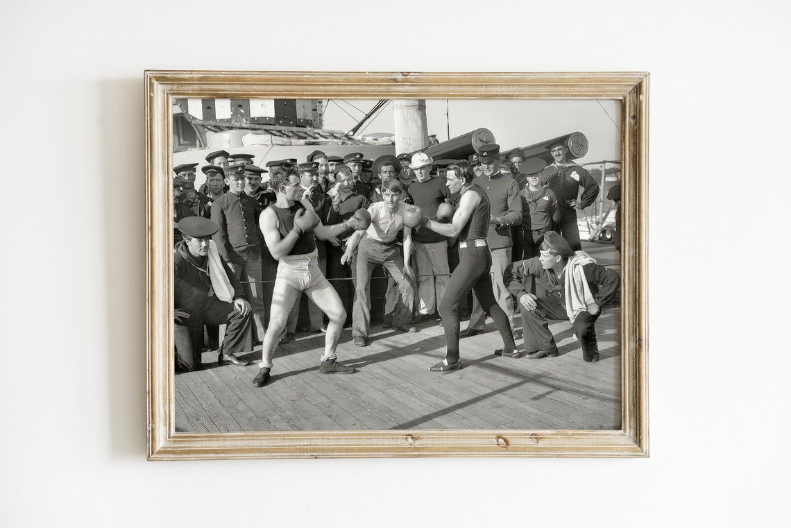 Vintage Navy Sailors Boxing Match On Ship Deck Old Photo Poster - Image 3