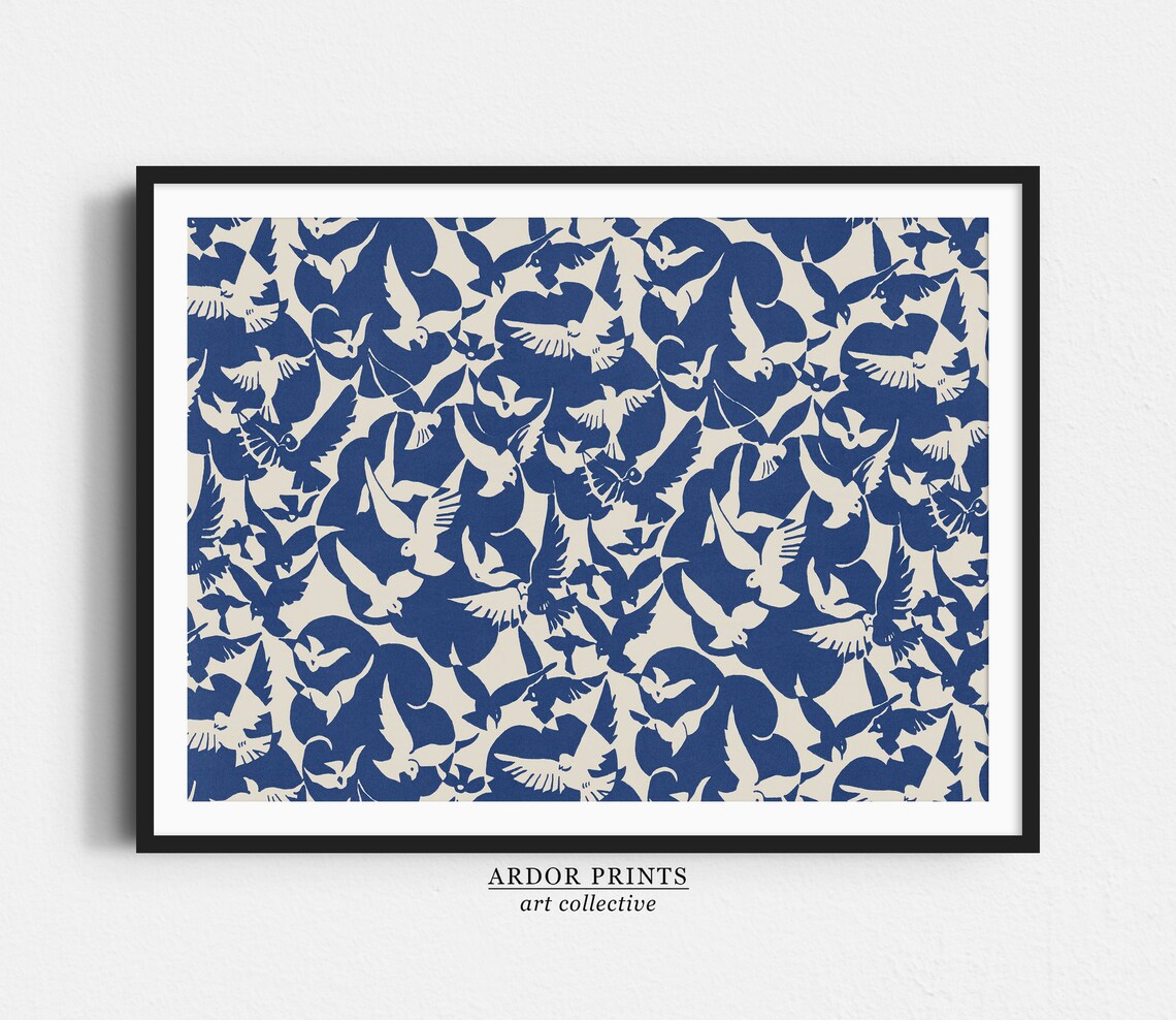 Vintage Abstract Bird Pattern, Blue And White Pigeons