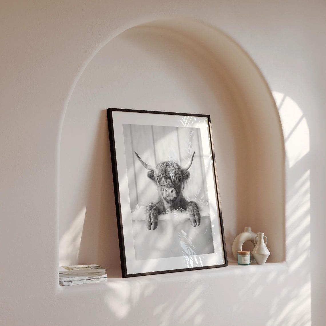 Highland Cow With Glasses in Bubble Bath Black and White Poster - Image 4