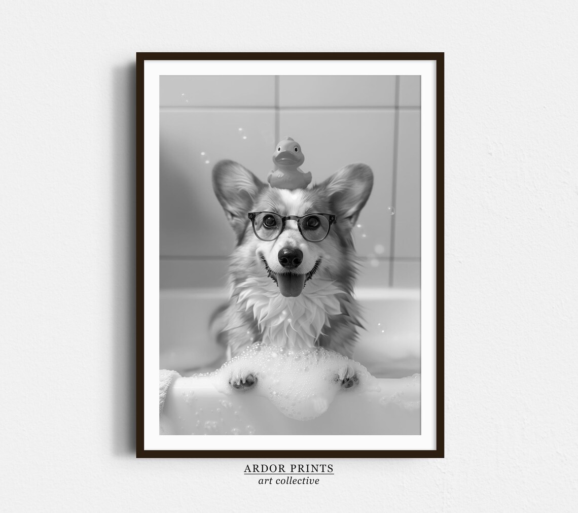 Corgi Bath Wall Art, Funny Bathroom Poster Print